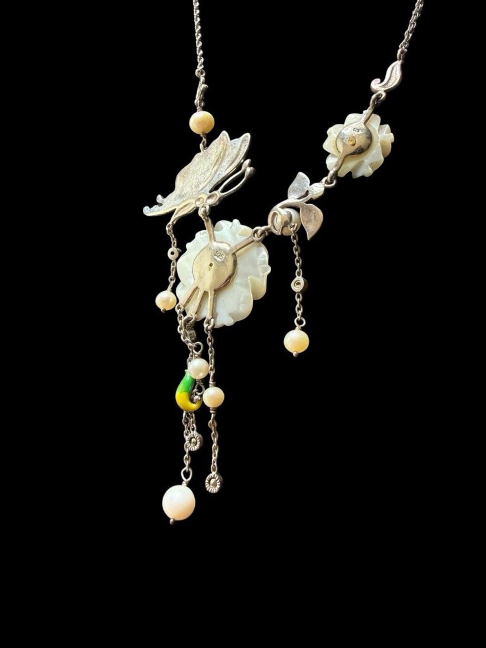 Vintage 925 Sterling Silver Carved MOP Flower Enameled Butterfly Necklace - Picture 5 of 7